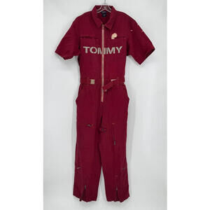 Tommy Jeans Vintage Womens Red Denim Graphic Logo Zip Mechanic Coveralls Sz L
